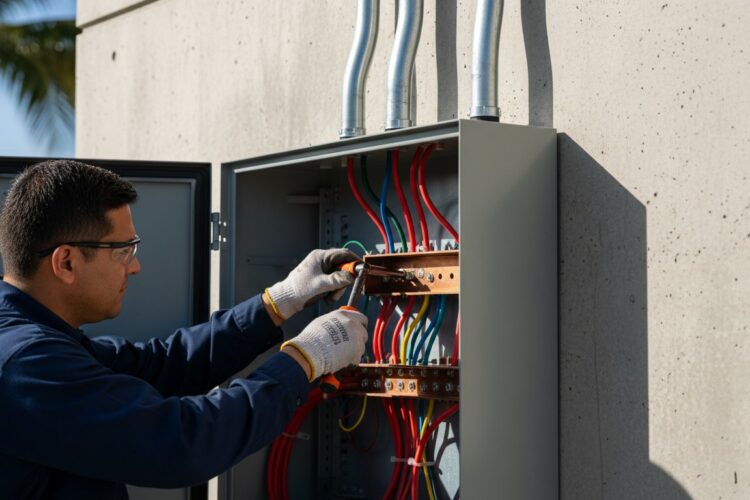 Electrician working on an automatic transfer switch installation, featuring colorful wiring and a gray electrical panel, relevant to backup power solutions in South Florida.