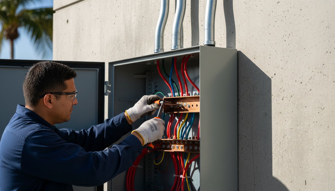 Electrician installing automatic transfer switch with colorful wiring in Hialeah, Florida, ensuring compliance with NEC 2020 standards.