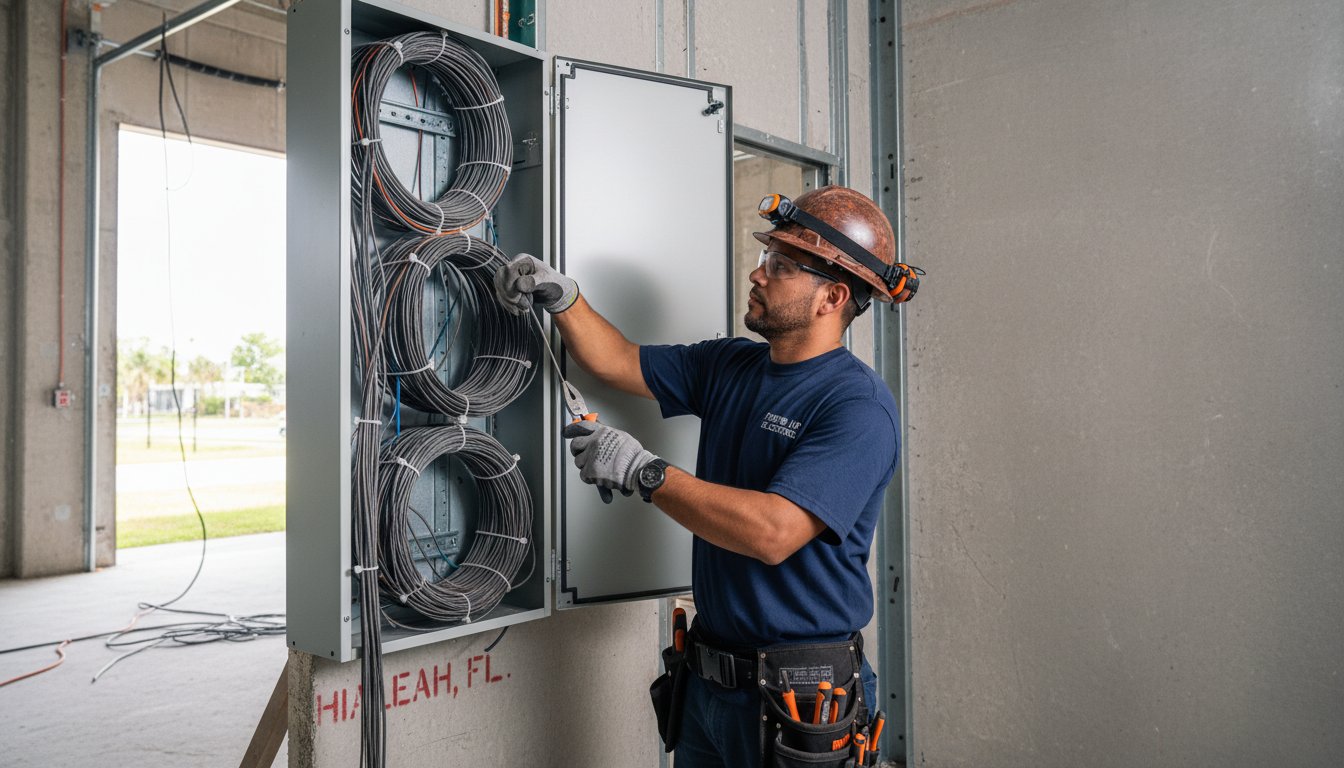 Commercial electrician working on electrical panel installation in Hialeah, Florida, with focus on compliance and technical standards for 2026.