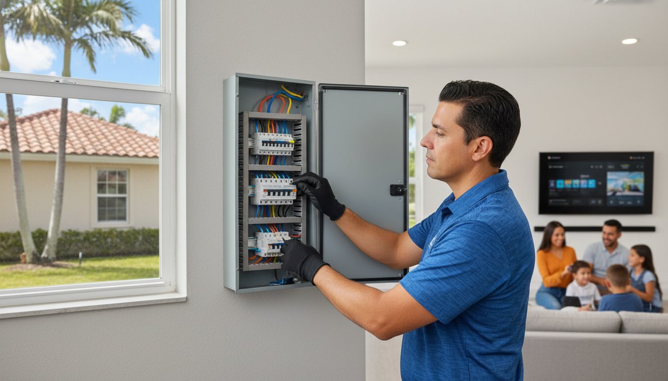 Electrician upgrading electrical panel in a modern home, ensuring compliance with safety standards, with family in the background enjoying time together.
