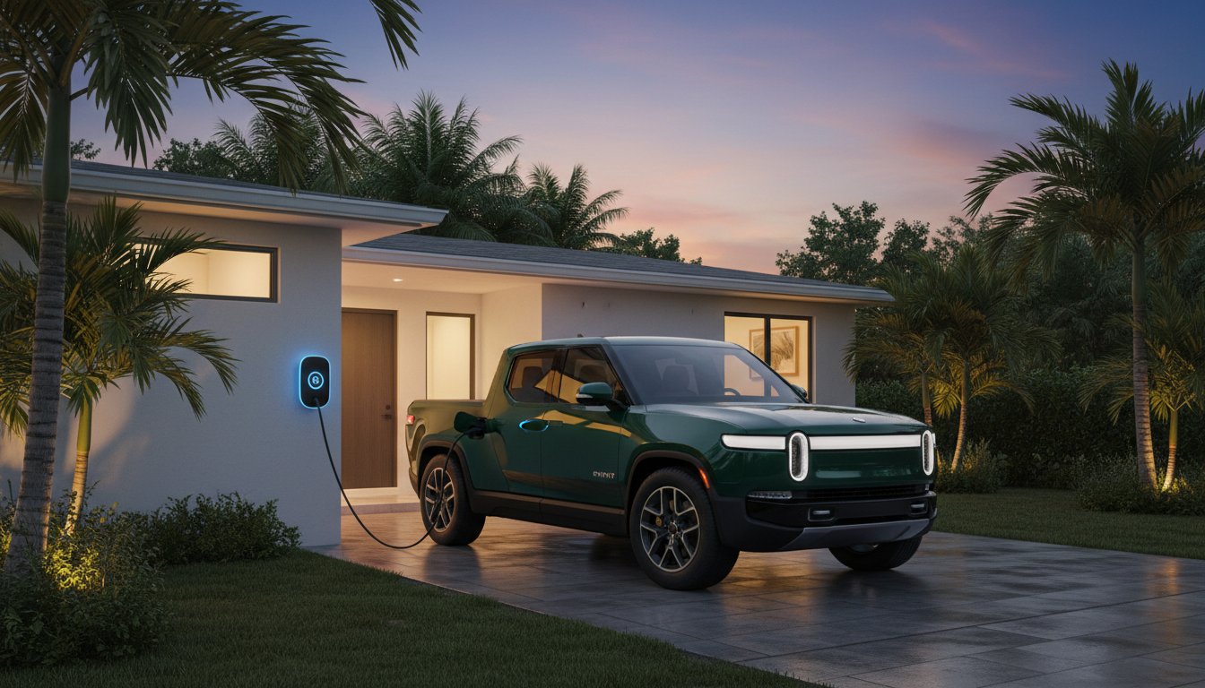 Rivian R1T electric truck charging at a wall-mounted charger outside a modern Florida home, surrounded by palm trees, highlighting residential EV charging solutions.