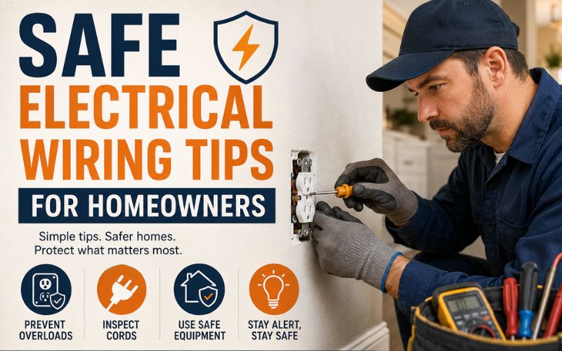 Safe electrical wiring tips for homeowners, electrician working on outlet, tools and safety icons, emphasis on preventing overloads and using safe equipment.